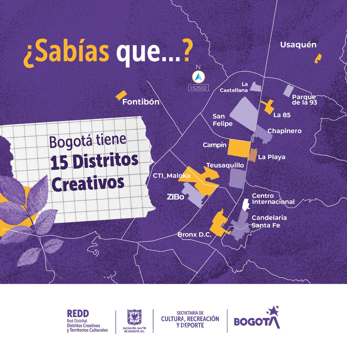 Mapa de Bogotá con los 15 distritos creativos de Bogotá