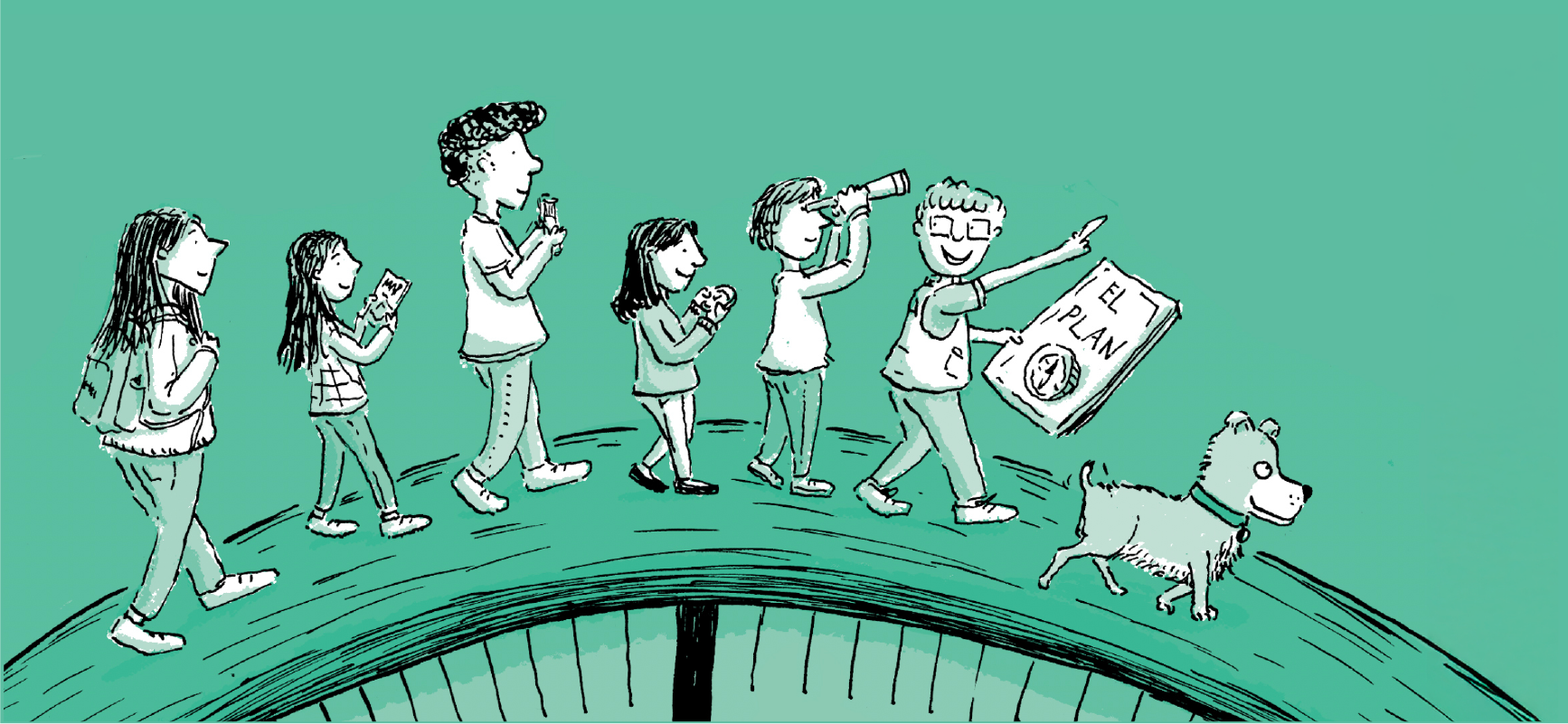 Niñas, niños y perro caminando