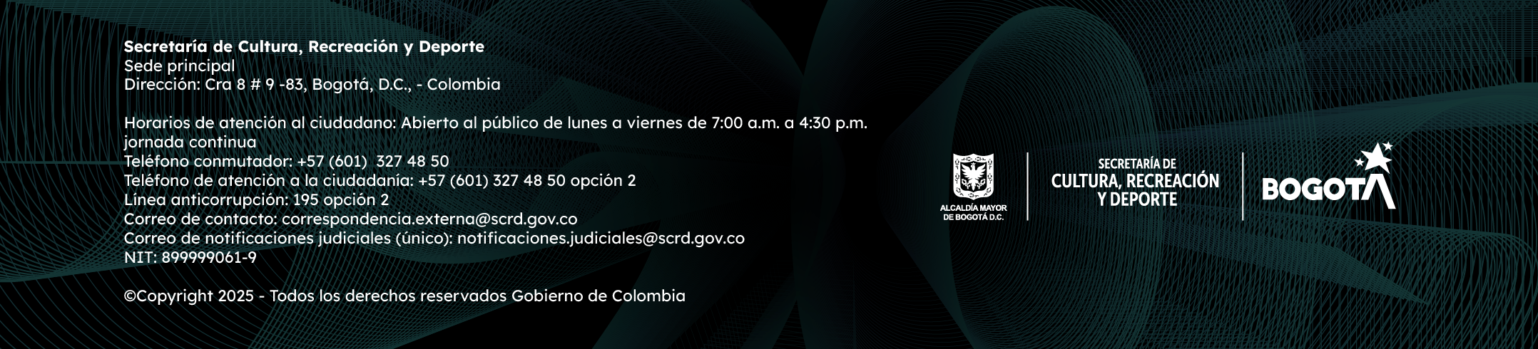 Información de contacto de la Secretaría de Cultura, Recreación y Deporte