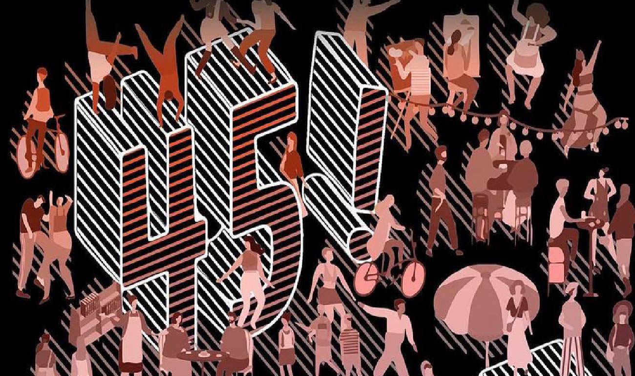 Ilustración de personas haciendo diferentes actividades al aire libre, rodeando el texto 45!. Las ilustraciones son siluetas sin detalles particulares. 