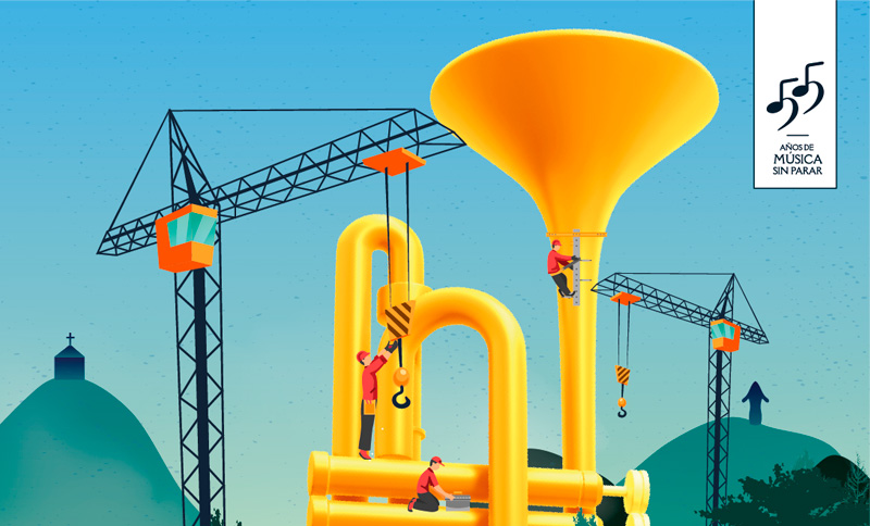 ilustración de una trompeta y una maquina de construcción