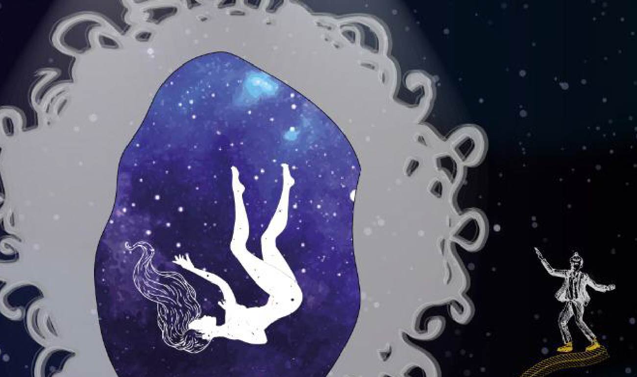 Ilustración de fondo negro en el que se ve la silueta de una mujer cayendo de cabello largo dentro de la cabeza de otra mujer de cabello corto. En la esquina inferior derecha se encuentra una especie de malabarista sobre un pedazo de cuerza. Todo el fondo emula el universo. 