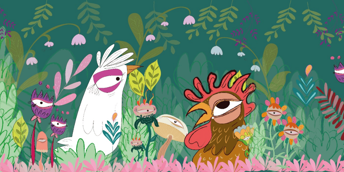 Ilustración de La Pajarrak de un gallo y una gallina en el campo