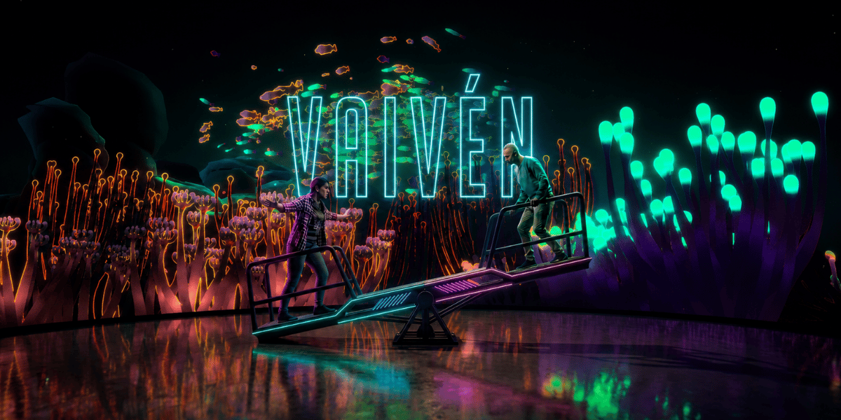 Render de la experiencia vaivén de dos personas rodeadas de animación