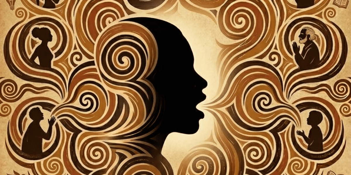 Ilustración de un rostro en sombra proyectando ondas con su voz