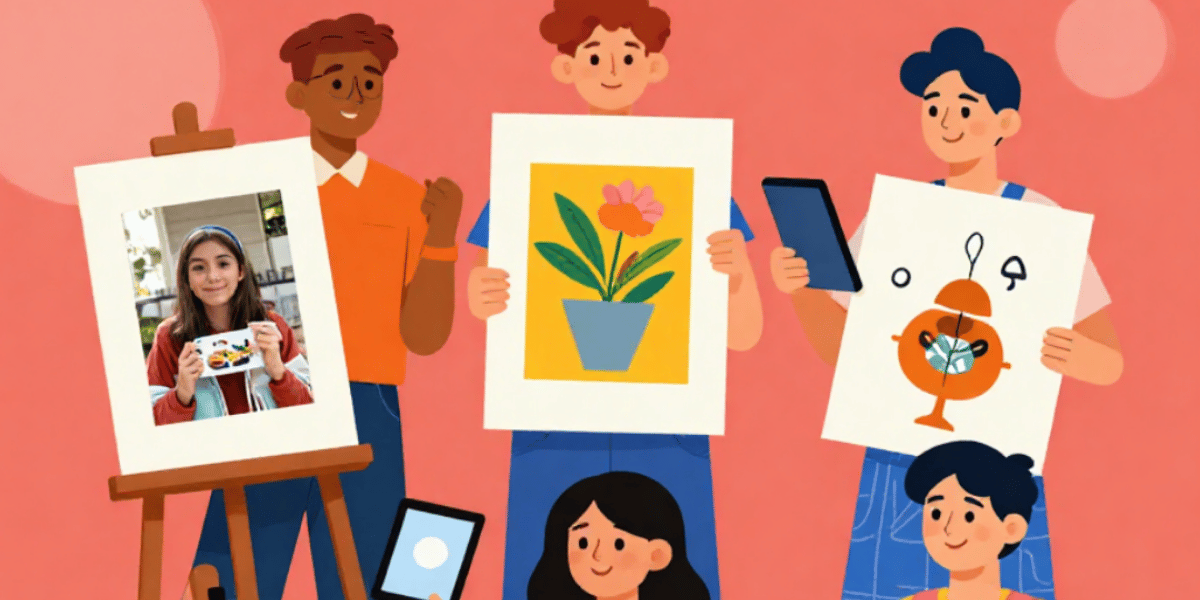 Ilustración de varias personas con imágenes en las manos y celulares