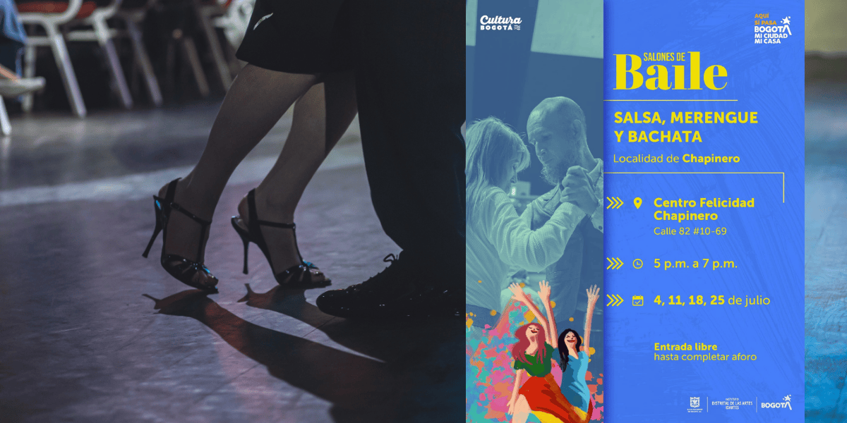 Piernas de personas bailando con el poster de los salones de baile