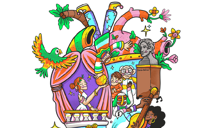 Ilustraciones de personas y monumentos en un collage en forma de corazón humano