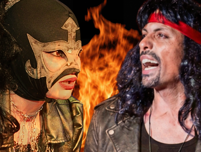 dos personas una con mascara de luchador y otra como rockero con fuego detras
