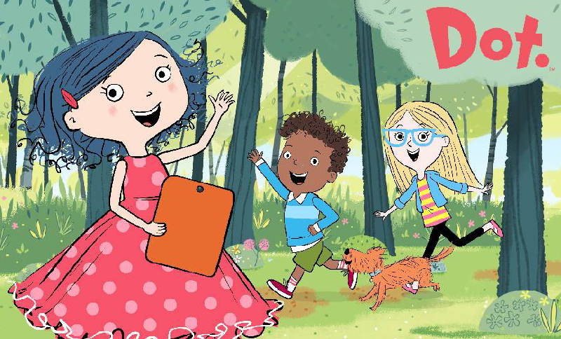 Ilustración de dos niñas, un niño y un perro