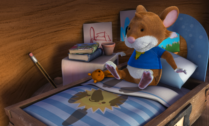 Ilustración de u ratón en una cama