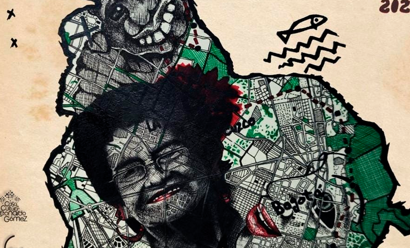 Ilustración del mapa de América del Sur al revés con rostros y calles de ciudad en su interior