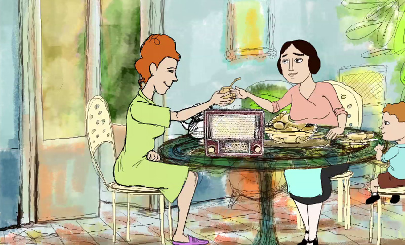ilustracion de dos mujeres sentadas en una mesa