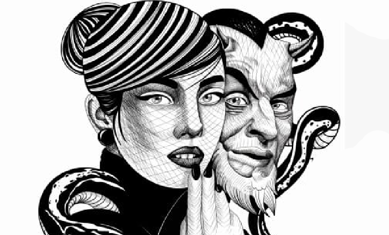 Ilustracion en blanco y negro de un hombre y una mujer