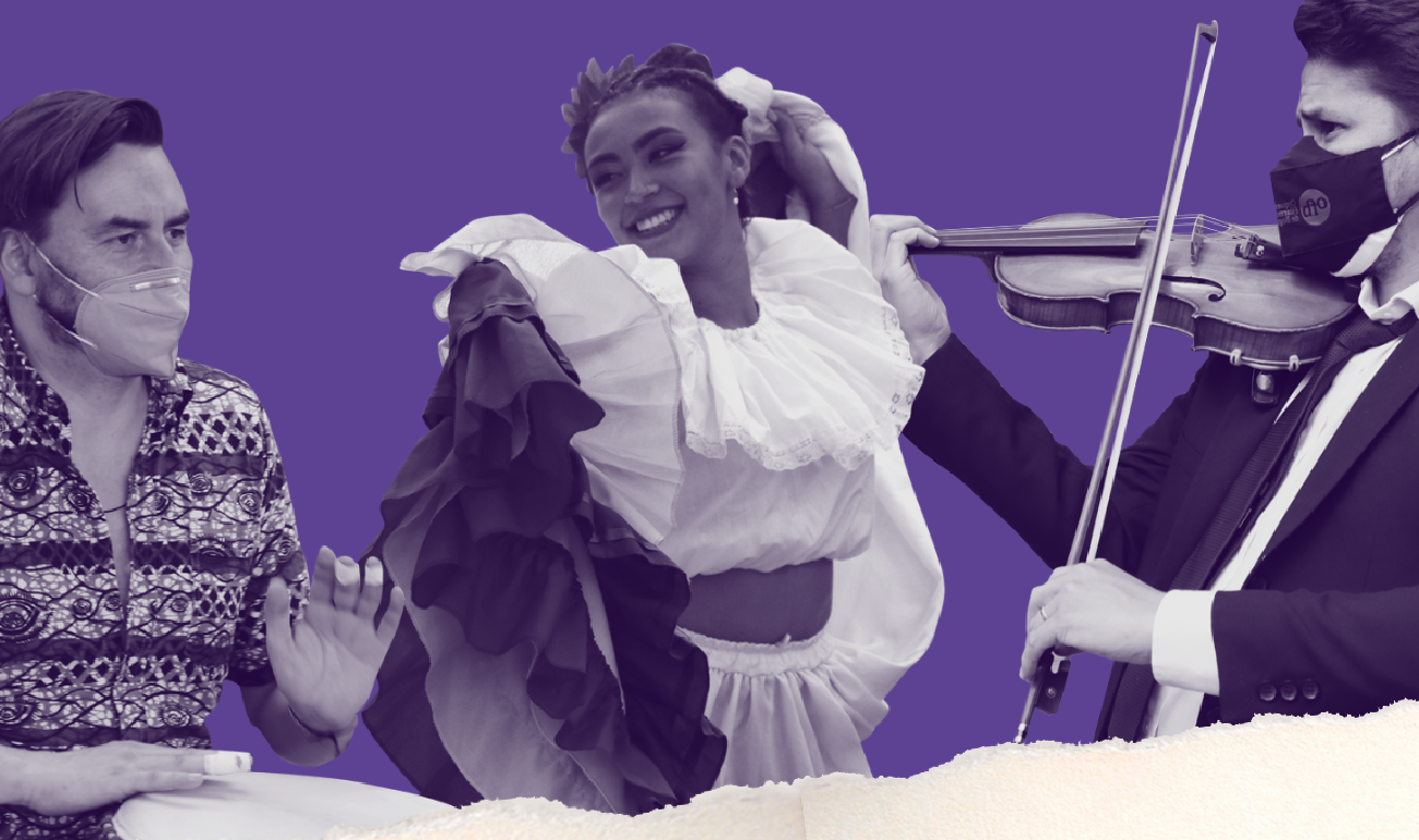 Tres culturales (de izquierda a derecha): un joven interpretando un tambor con camisa guayabera, una mujera joven con traje de cumbia y un hombre interpretando el violín. Los dos hombres tienen tapabocas.