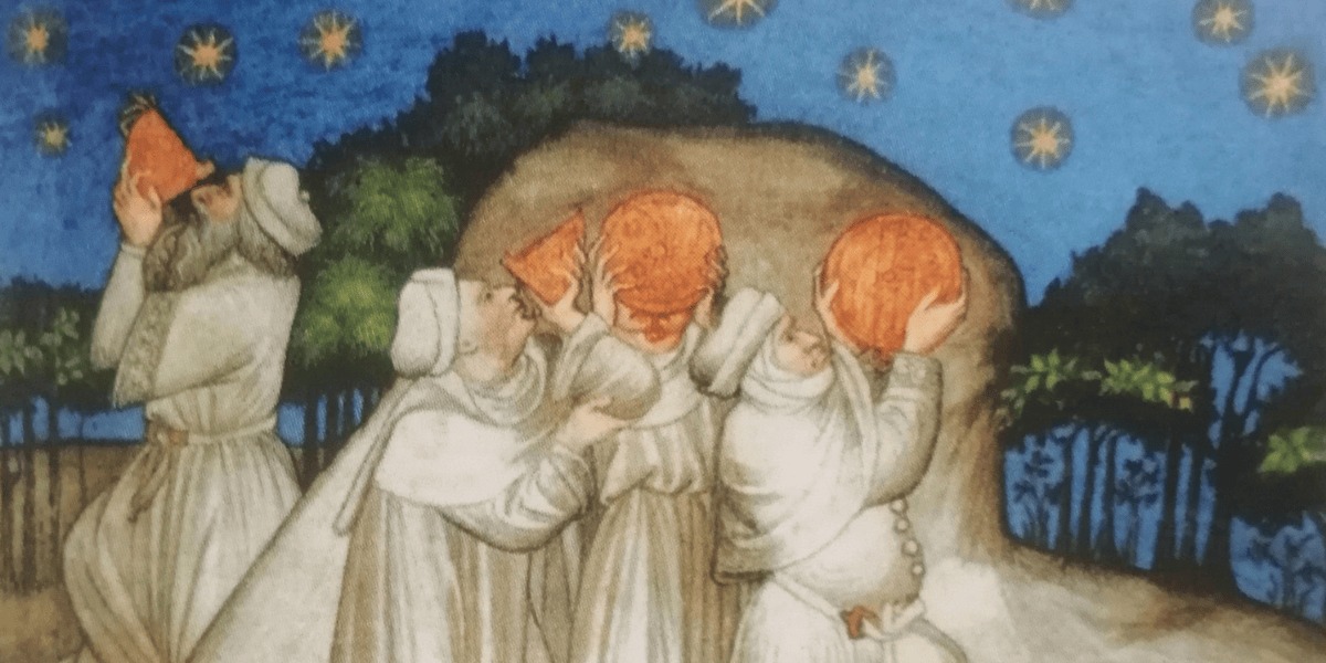 Dibujo de sabios antiguos con instrumentos mirando a las estrellas