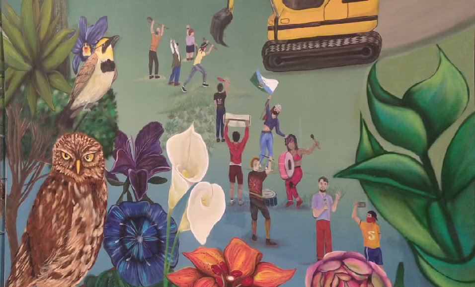 pintura con flores, ´personas, animales y maquinaria pesada