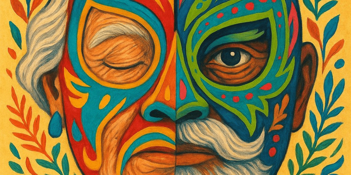 Rostro con máscara multicolor.