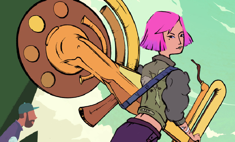 ilustración de una joven con un saxofón en la mano