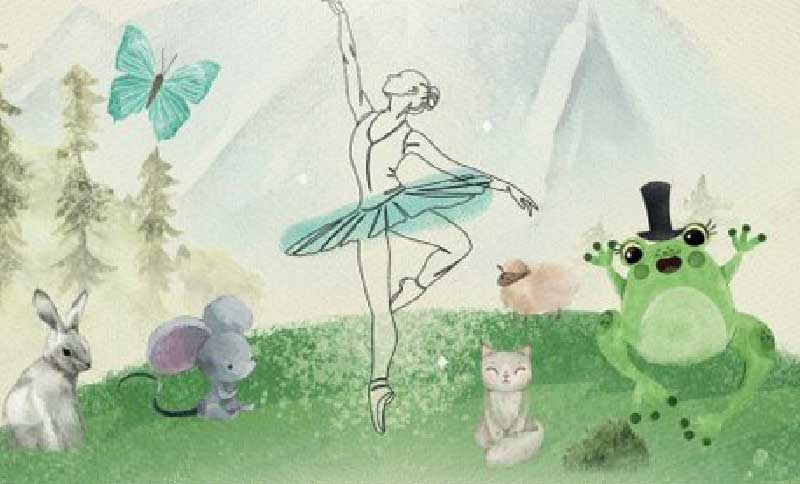 ilustración de una bailarina un sapo, un conejo, un ratón y un gato