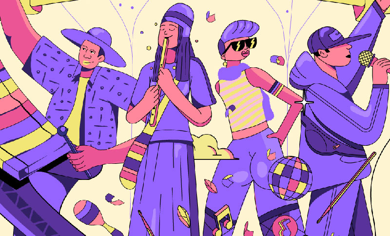 Ilustracion de personas tocando instrumentos musicales