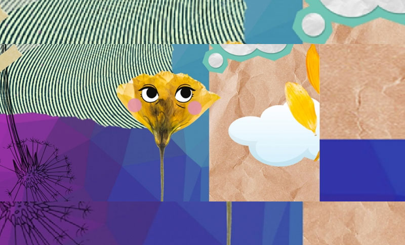 Ilustración de una flor y retazos de colores