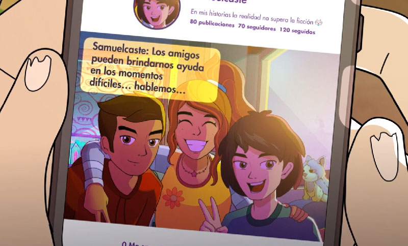 Ilustracion de un teléfono mostrando una imagen de 3 adolescentes