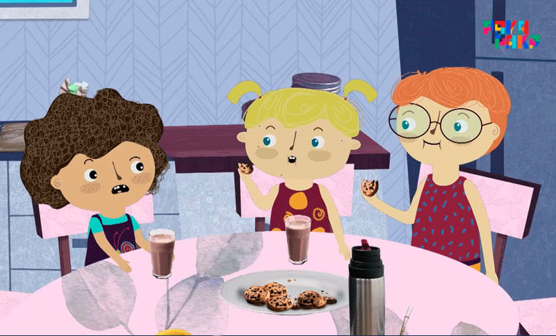 Ilustración de tres niñas conversando alrededor de una mesa