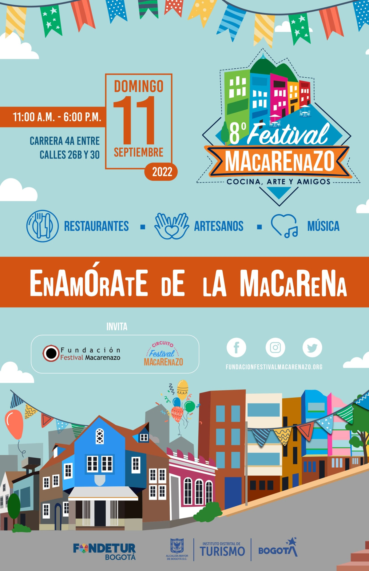 Flyer del evento. Cuenta con ilustraciones de calles de la Macerena adornadas con listones tipo feria. 