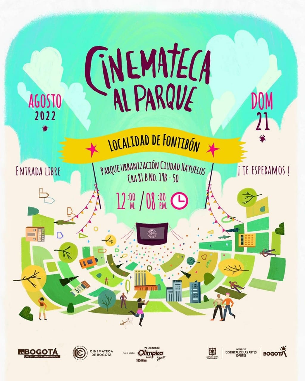 Flayer del evento. Cuenta con unailustración general que eboca parques como escenarios e información del evento