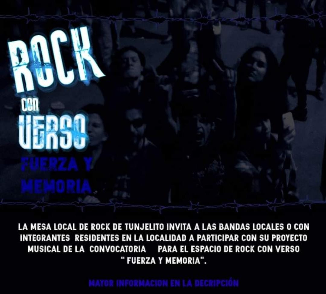 Flayer de la convocatoria. Cuenta en el fondo con una imagen a blanco y negro de un grupo de jóvenes disfrutando de un concierto. Sus atuendos están relacionados con los grupos de rock de los 80's - 90's