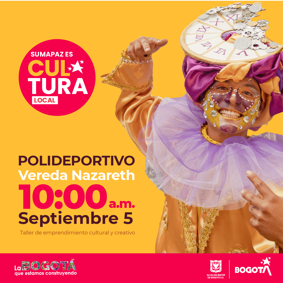 Pieza del evento. Cuenta con el logo del programa, un arlequín y los datos del evento.