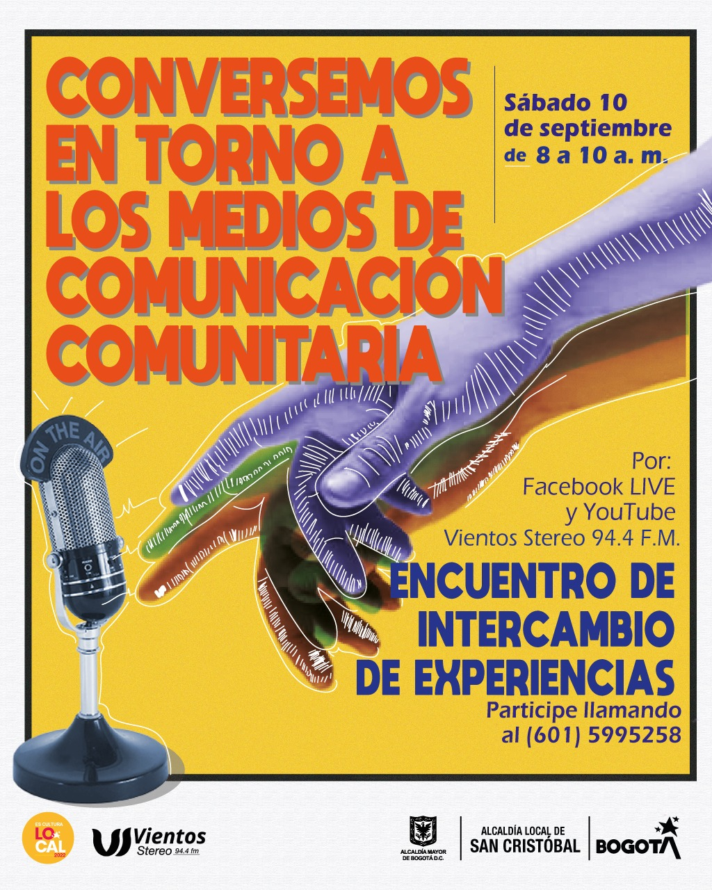 Flayer del evento. Cuenta con una ilustración que atraviesa la pieza desde la esquina superior derecha hasta la esquina inferior izquierda de una  mano con dos sombras de diferente color (rojo, verde y azul) llegando a un micrófono. El resto de la pieza, es la información del evento. 