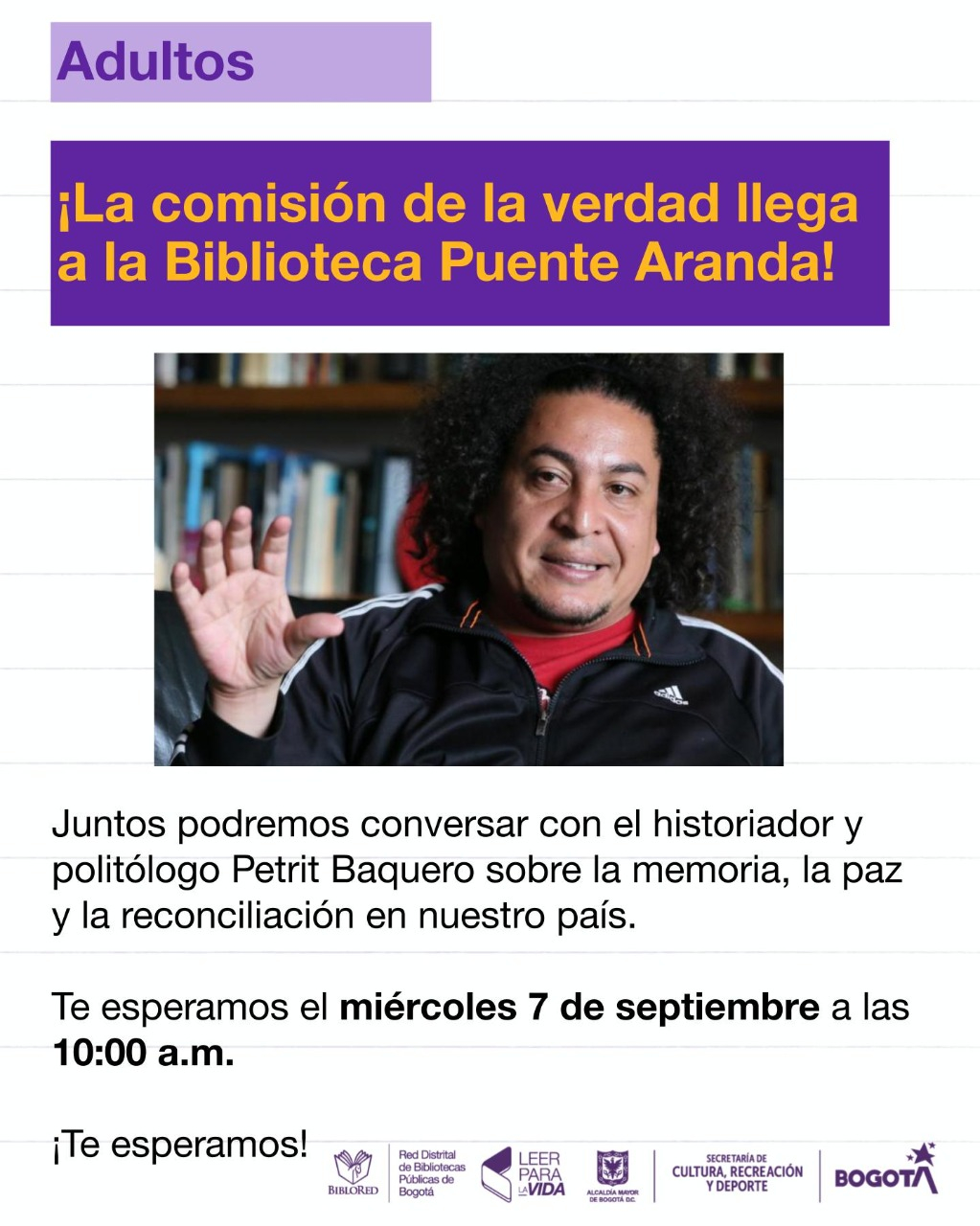 Flayer del evento con foto central del invitado y texto de información sobre el conversatorio. El autor es un hombre entre 35 y 45 años, de tez trigüeña con cabello rizado-afro de color negro.. Ojos negros y candado inferior únicamente. Viste una chaqueta deportiva color azul oscuro con línea blanca superior en los hombros y una camiseta roja. 