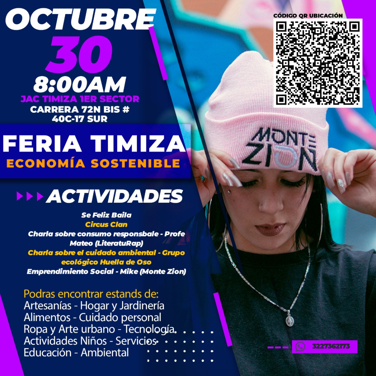 Flyer del evento, cuenta en el costado derecho con una mujer joven, que usa camiseta negra y un gorro de lana rosado.