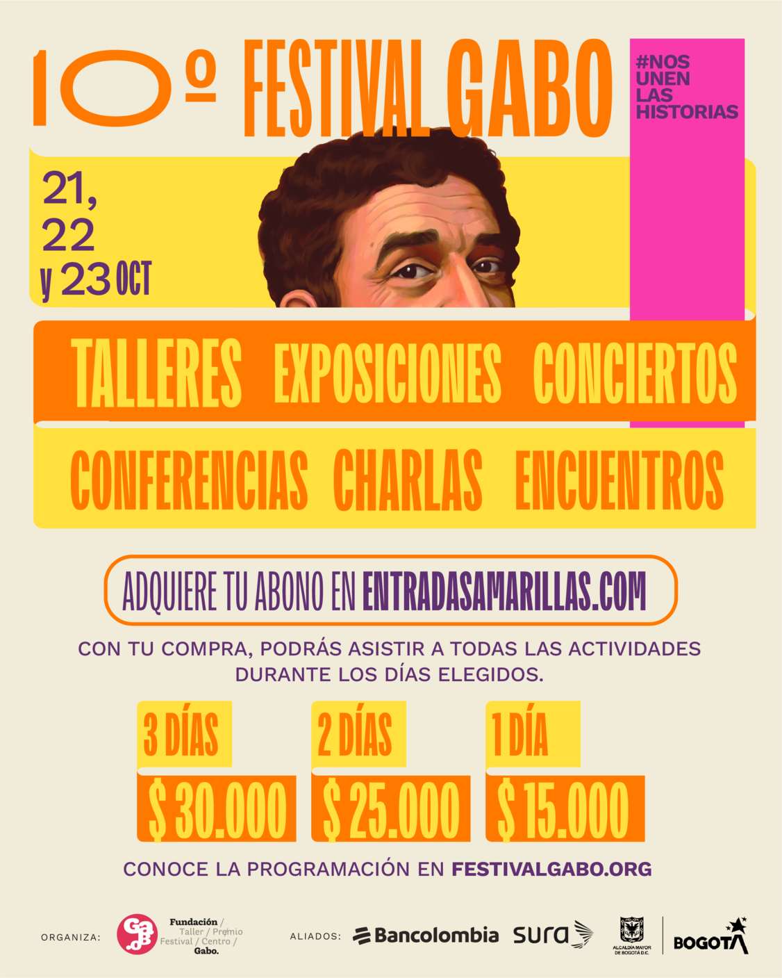 Boletería Festival Gabo 3 días $30 mil, 2 días $25 mil, 1 día $15 mil, adquiere tu abono en entradasamarillas.com