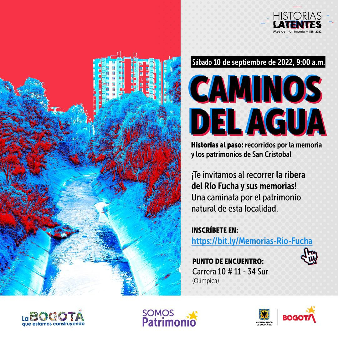 Flyer del evento. Cuenta al lado izquierdo con una fotografía (en técnica de sobreexposición) de una canal de agua urbana rodea de a´rbiles y al fondo se ve una edificación. Al lado derecho cuenta con la información del evento. 