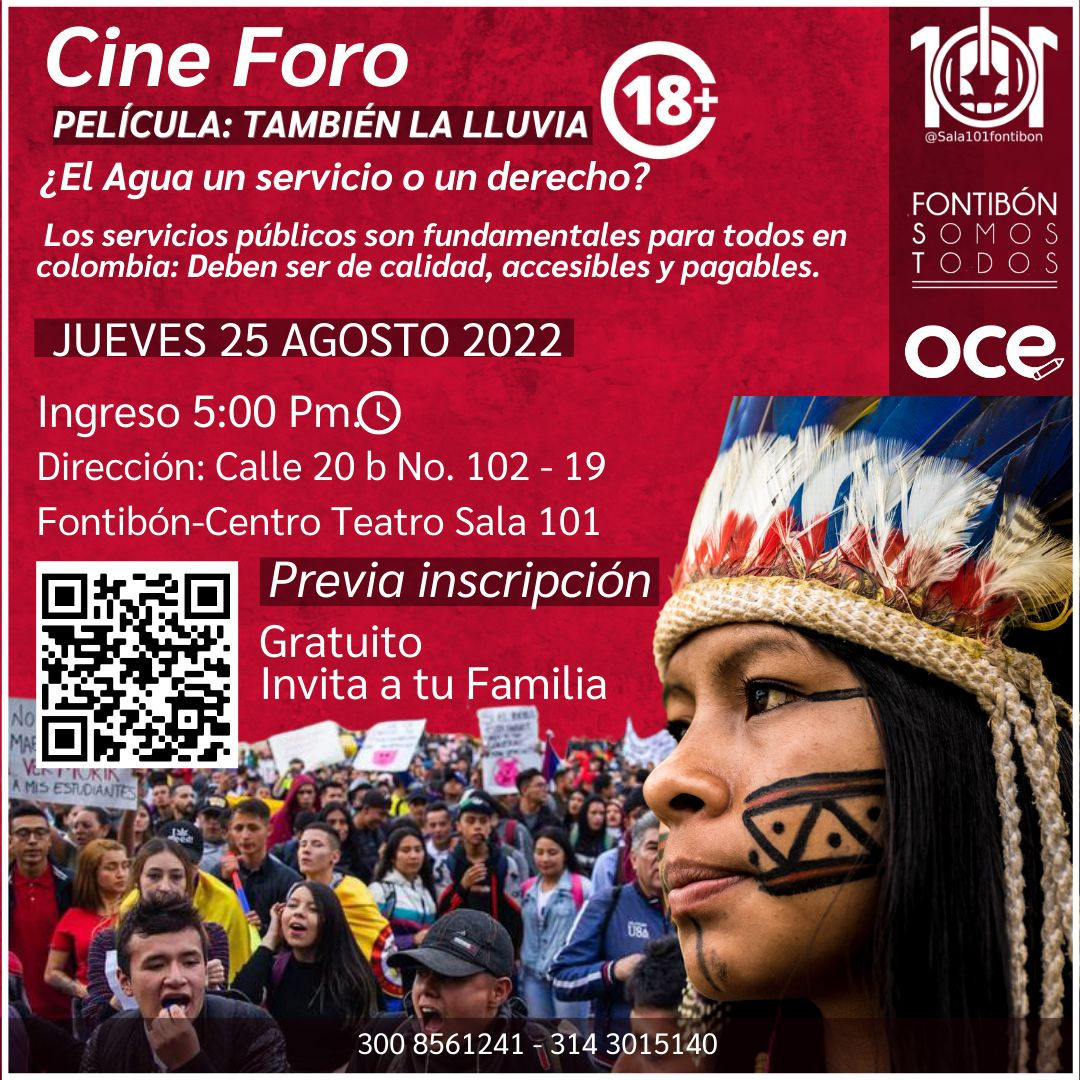 Flyer del evento. Cuenta en la esquina derecha con el restro de una mujer indígena con gráficos de su cultura en el rostro y una corona de plumas mirando fijamente. De fondo inferior se muestra una manifestación con pancartas en donde la mayoría de participantes son jóvenes. La mayor parte de la pieza tiene el texto de información sobre el evento.