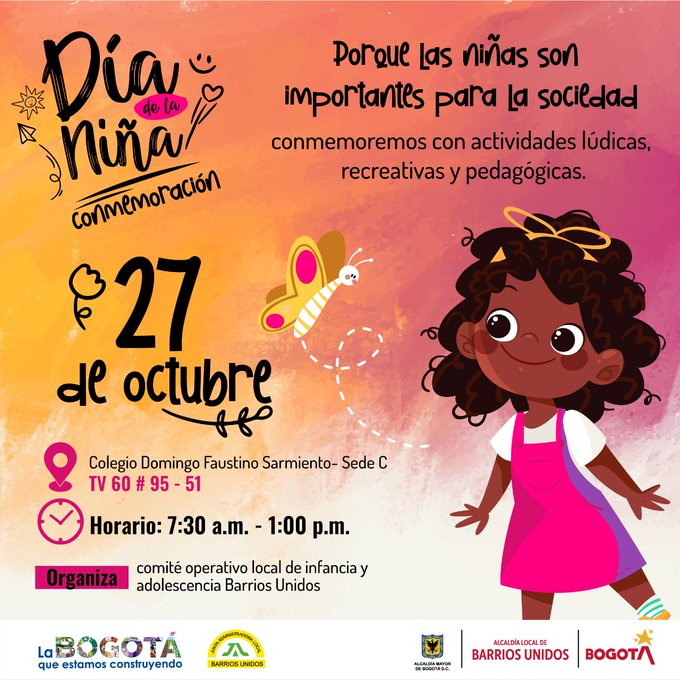Pieza de invitación. Cuenta con la ilustración de una niña afro con un vestido rosado e información del evento