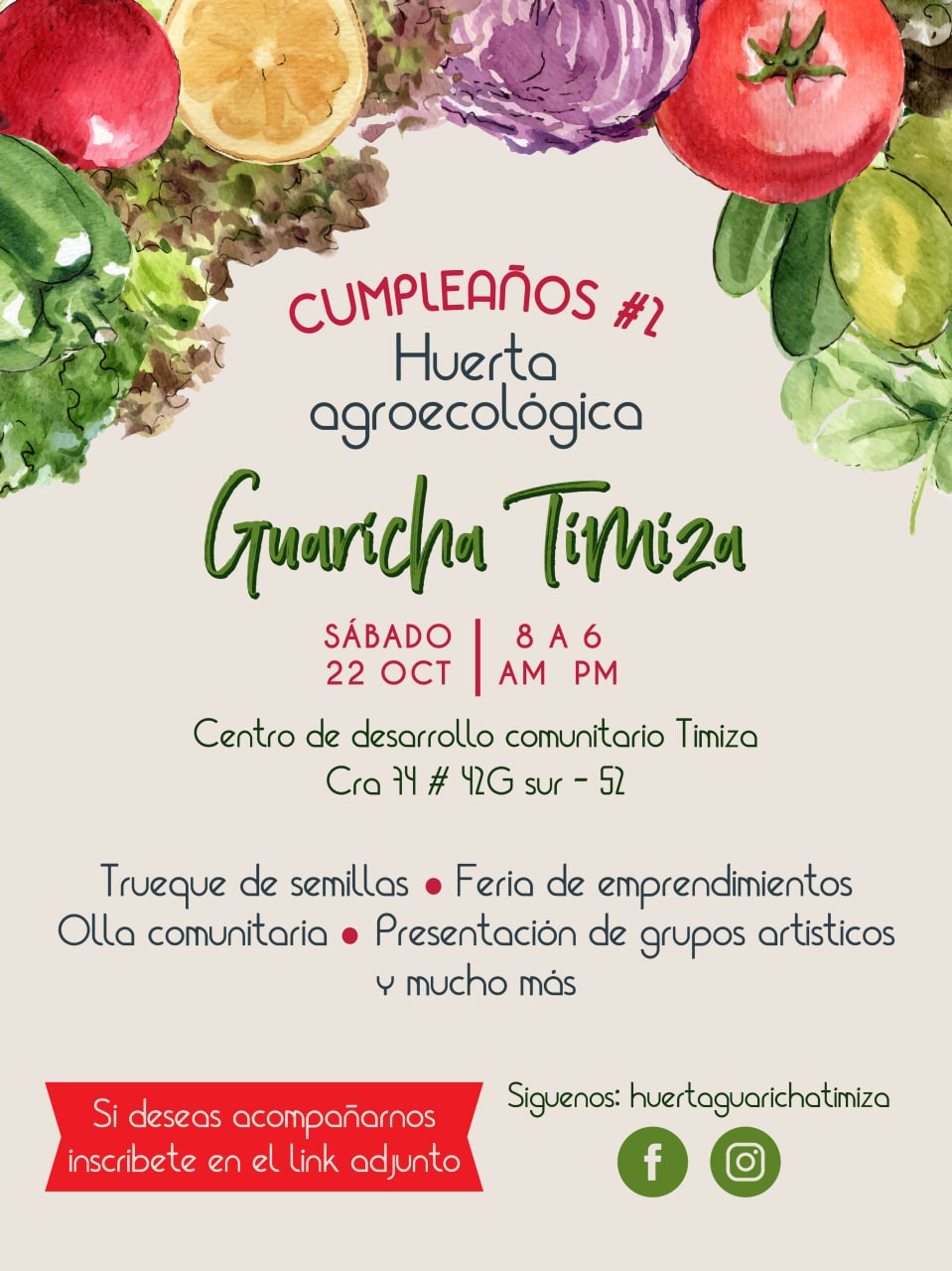 Imagen con ilustración superior de diferentes productos de granja e información del evento