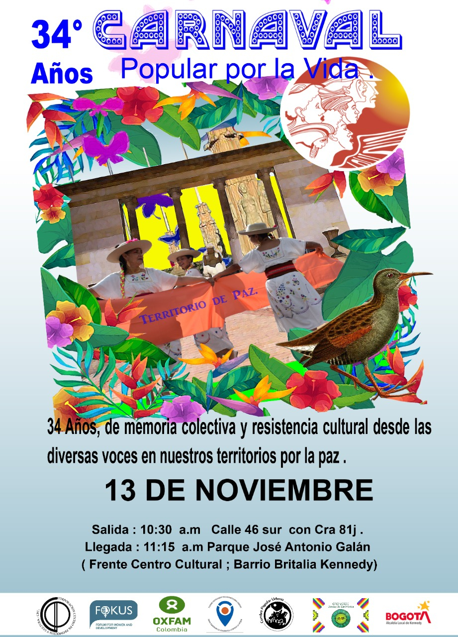 Pieza del evento cuenta con la foto de tres mujeres bailando con un letrero que dice territorio de paz dentro de un recuadro de flores y fuana. El resto de la pieza contiene la información del evento. 