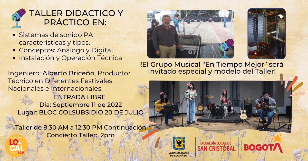 Flyer del evento. Al lado izquierdo de la pieza se encuentra la información del mismo y al lado derecho, tres fotografías de: 1. una ofotografía de un señor al lado de una cabiina de sonido para evento, 2. fotografía de torres de sonido y 3. concierto en vivo. 