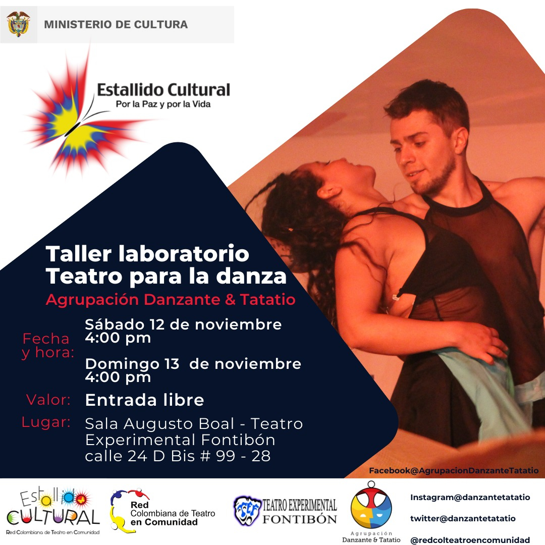 Pieza de invitación del evento. Cuenta al lado izquierdo con el logo de la organización y del ministerio de Cultura además de la información del taller. Al lado izquierdo cuenta con la foto de una pareja de baile: hombre mujer.