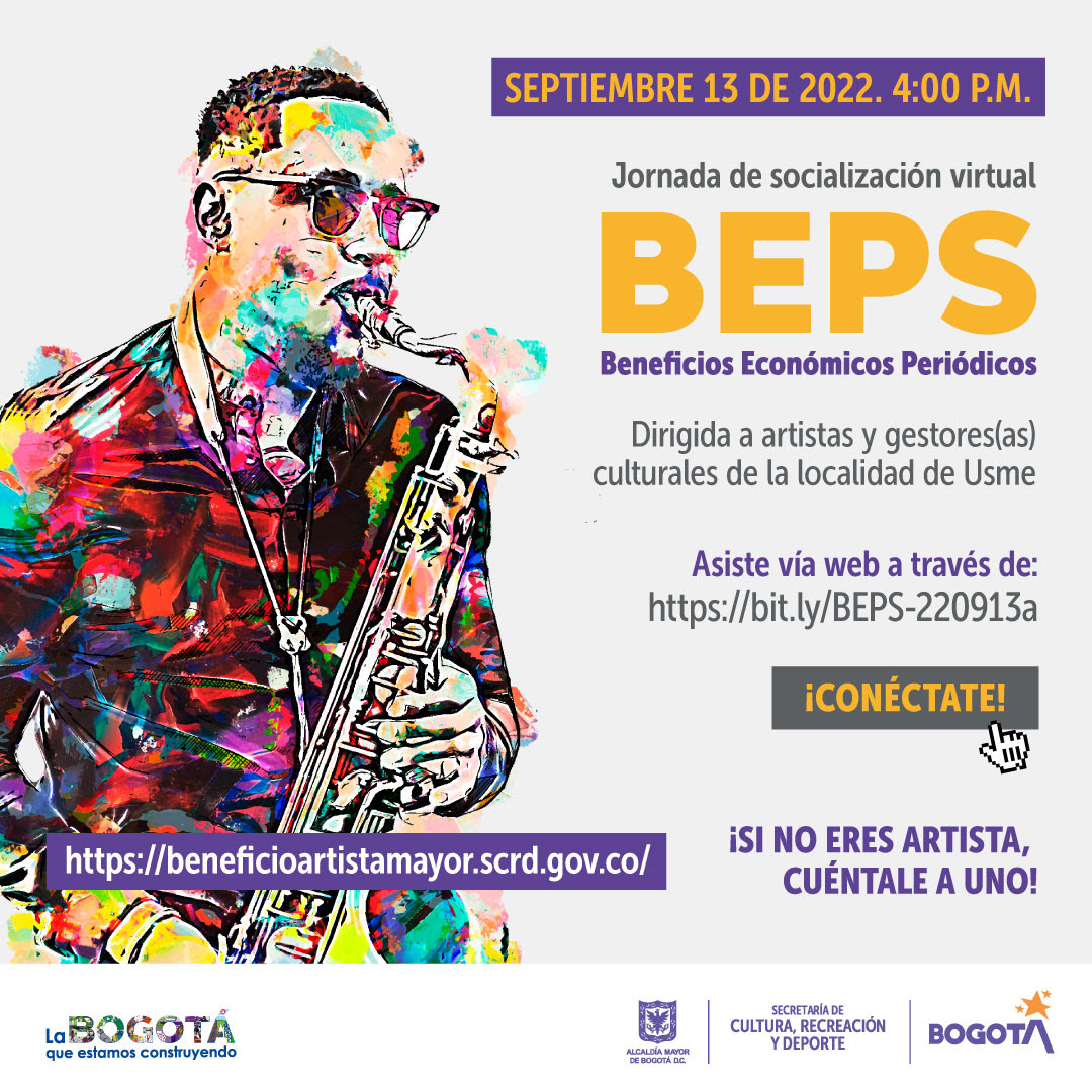 Flyer del evento. Saxofonista hombre ilustrado al lado izquierdo de la pieza y texto sobre el evento al lado derecho. Ilustración con texturas a color. 