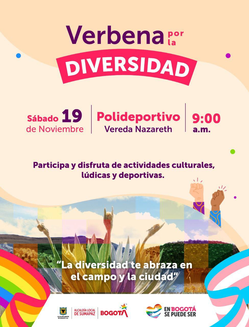 Pieza del evento, en la parte media inferior cuenta con una foto del páramo que tiene una fragmentación de coleres, el slogan "la diversidad te abraza en el campo y la ciudad" y las banderas LGBTIQ+ y LBT+