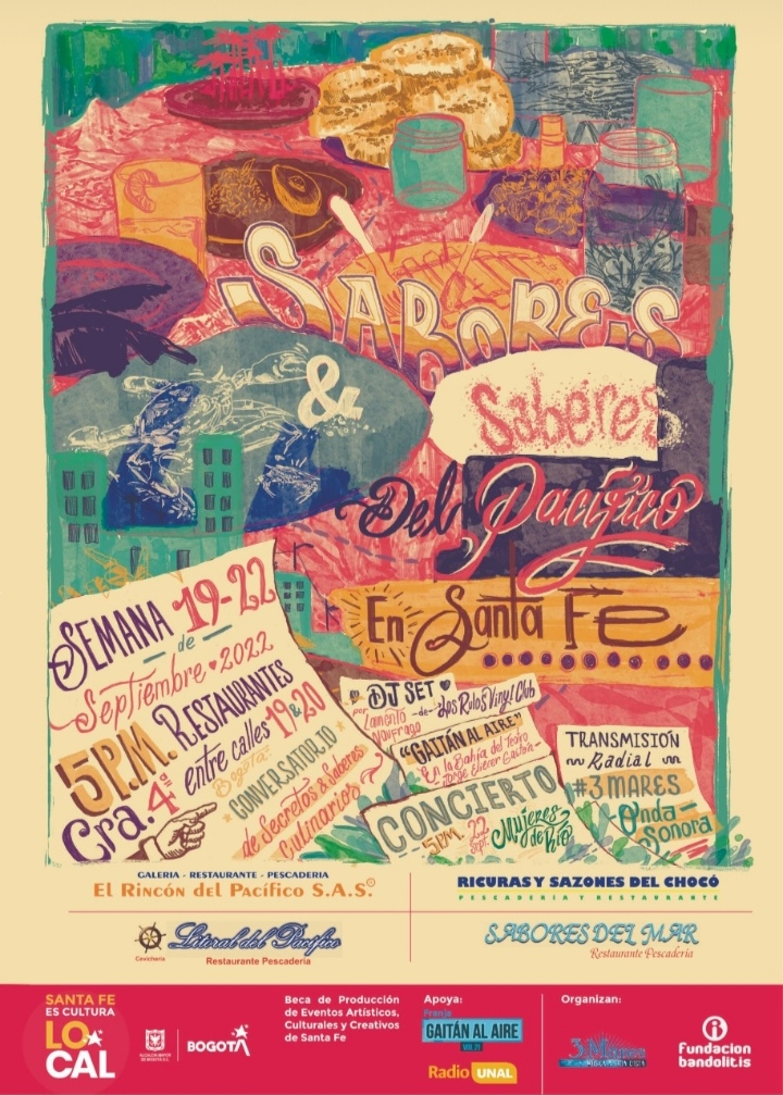 Collage gráfico de piezas de ciudad, alimentos y volantes