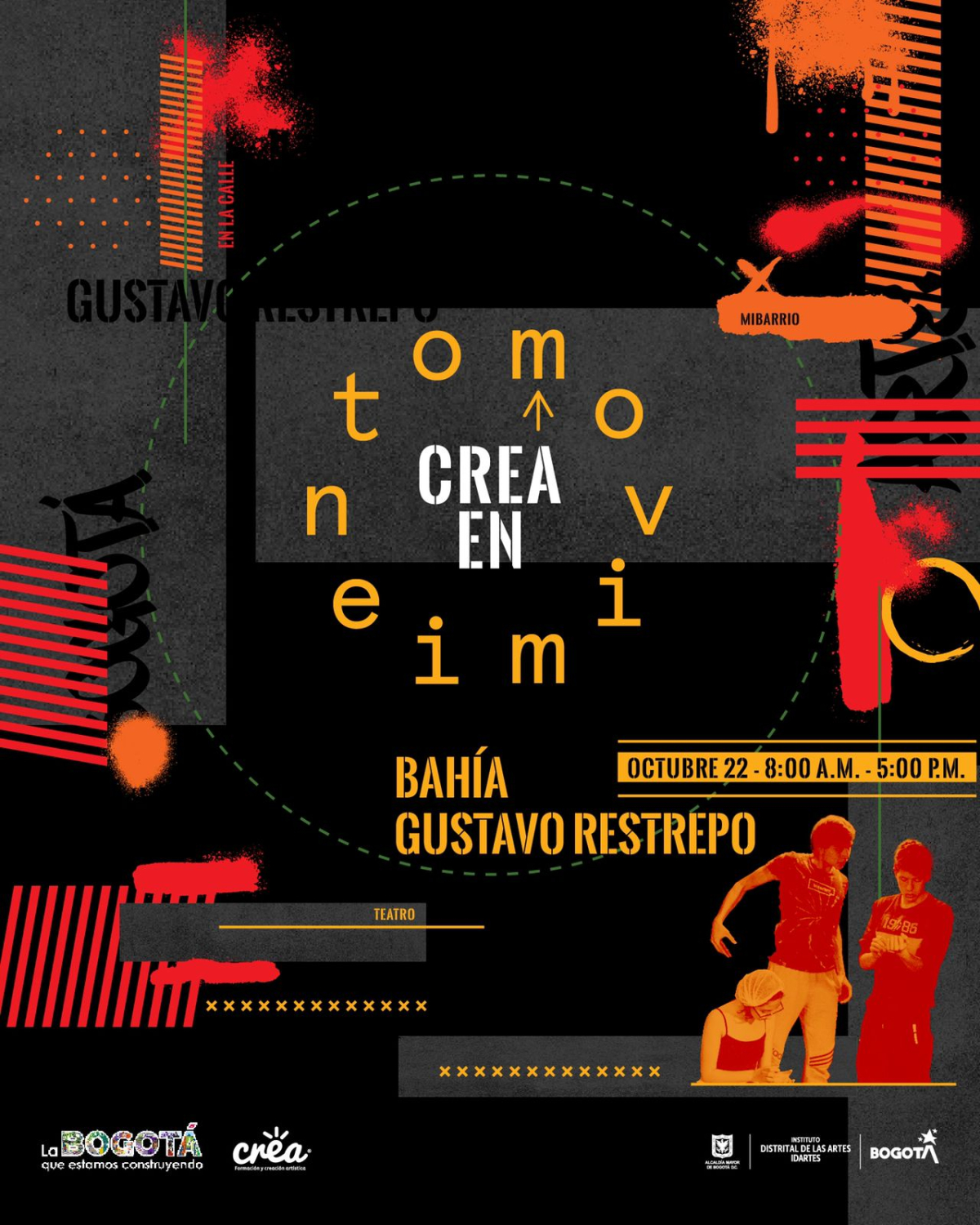 Pieza del evento. Cuenta con un diseño gráfico con lineas rojas distribuidas en los borndes de la pieza, un círculo punteado en el medio de color verde y un texto tipo reloj que tiene distribuida la palabra movimiento y en el centro CREA en. En la parte inferior derecha, sobre la pata de logos la silueta de tres personajes. Dichos personajes están en color narajan y rojo. 