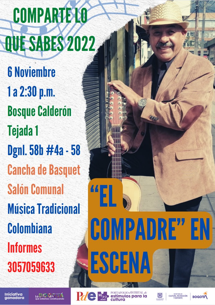 Pieza del evento. Enta al lado derecho con la información de éste y, al lado izquierda con la foto de un músico con sombrero, traje negro y una chaqueta de cafe con coderas más oscuras. En su mano sostiene una bandola que se encuentra ubicada sobre una silla de manera vertical. 