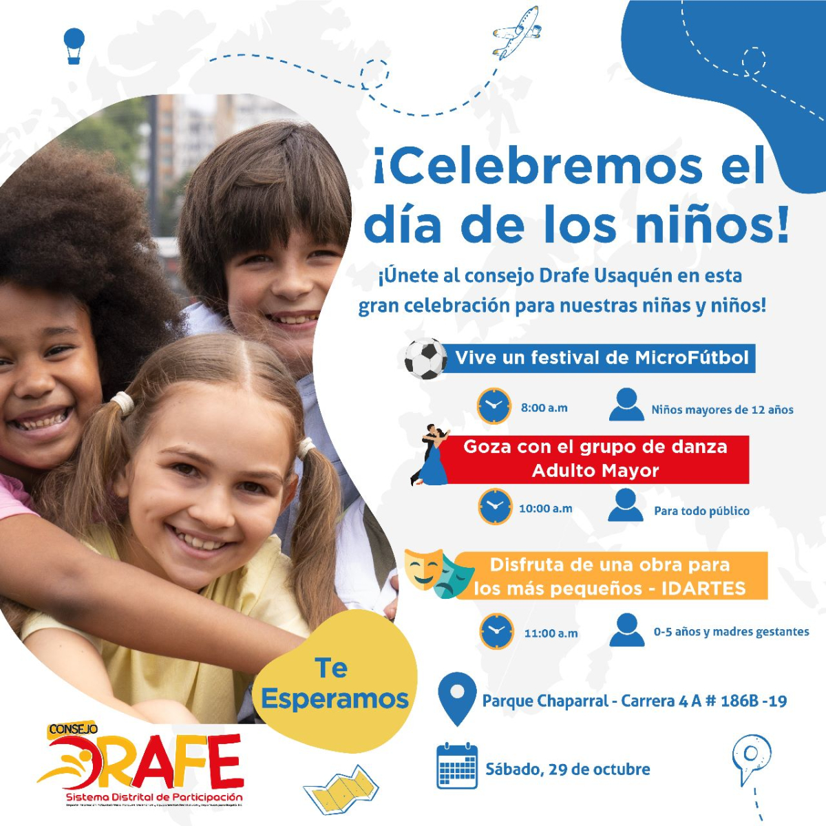 Pieza del evento. Cuenta al costado izquierda con la foto de tres niños (dos niñas, una afro; y un niño). En el resto de la pieza se encuentra lainformación del evento.