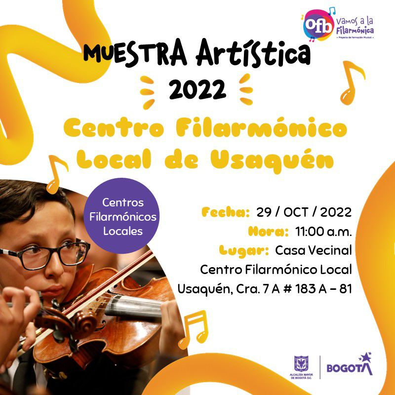 Pieza gráfica del evento. Cuenta con la información del mismo y una foto al costado izquierdo de un niño con lentes de marco negro interpretando el violín.